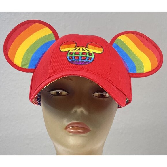 WALT DISNEY WORLD Red Rainbow LGBTQ Pride Mickey Ear Adult BASEBALL CAP NWT Flaw - Picture 1 of 9
